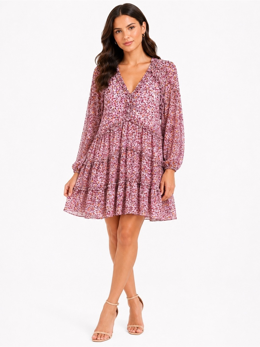 CeCe Ruffled Long Sleeve Tiered Babydoll Dress Pink Floral Women's Size 8